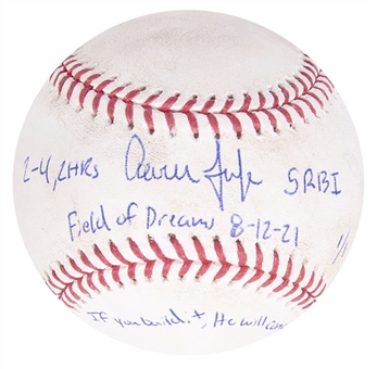 2021 Aaron Judge Game Used, Signed & Inscribed Home Run Baseball From 2021 Iowa Field Of Dreams Game (Fanatics & MLB Holo